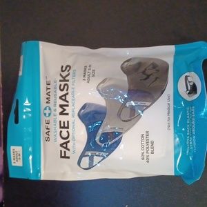 New 3-Pack Safe Mate Adult S-M Black Blue Grey Washable Face Masks